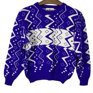 NWOT VINTAGE OBERMEYER SPORT Sweater XL Wool Blue White ZigZag Abstract Geometrc